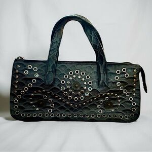 Vintage Braccialini Italian Leather Black Handbag with Studded Design